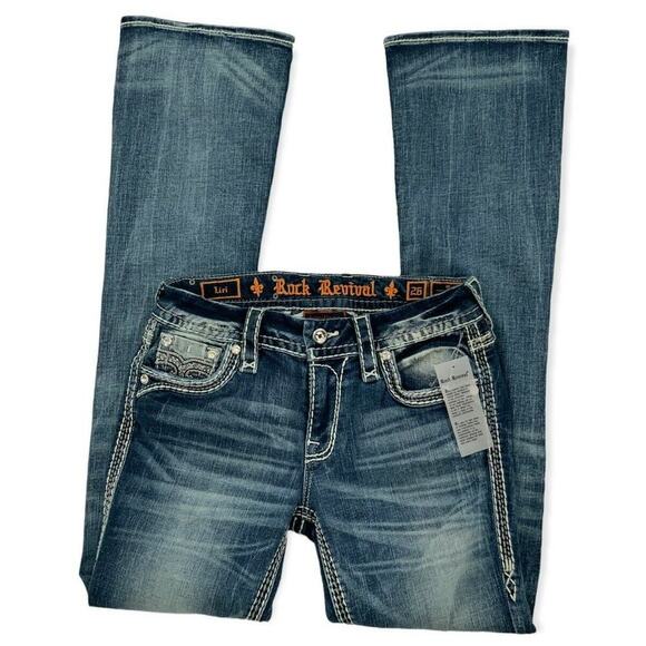 Rock Revival Liri Jeans Womens Size 26 Embroidered Thick Stitches Whiskers Denim - Picture 6 of 12